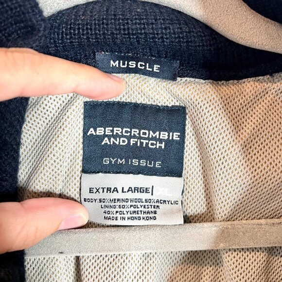 Abercrombie and Fitch Gym Issue Muscle Quarter Zip Navy Blue Merino Wool Sweater - Picture 2 of 3